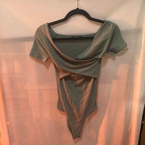 SHEIN Green Asymmetrical Ribbed Bodysuit